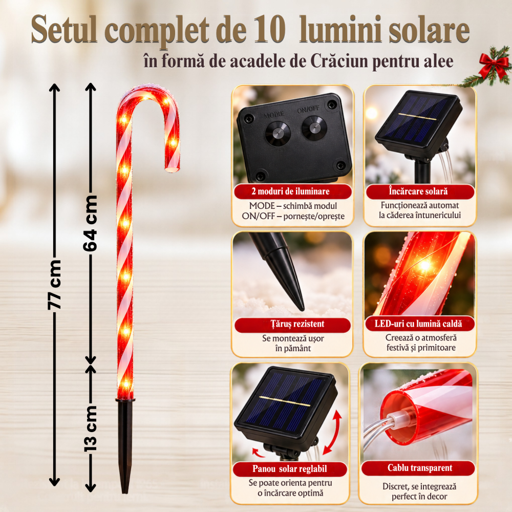 Set 10 lumini solare de Crăciun tip bastonaș acadea pentru alee și grădină, LED lumină caldă [4]