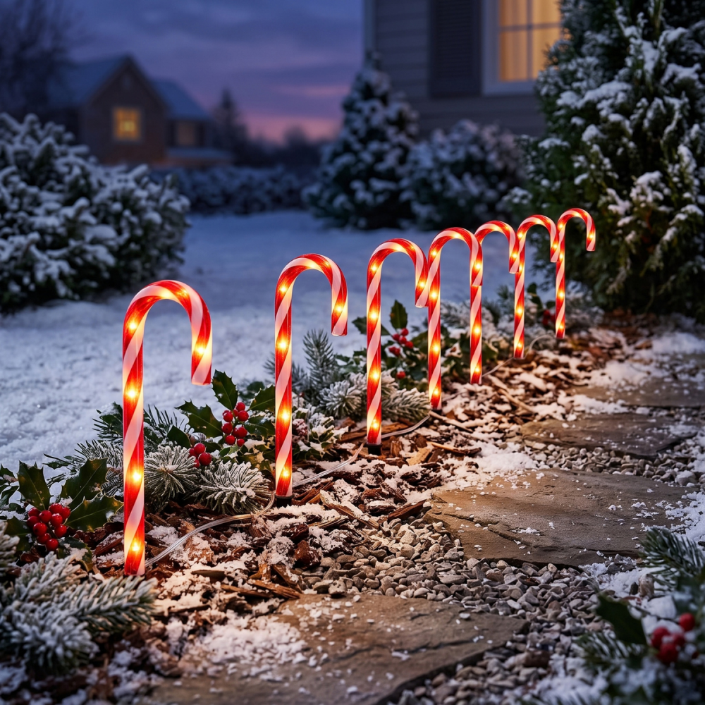 Set 10 lumini solare de Crăciun tip bastonaș acadea, decorațiuni luminoase exterior pentru alee, grădină și curte, LED lumină caldă, 2 moduri iluminare, panouri solare reglabile, 38 cm, roșu-alb [3]