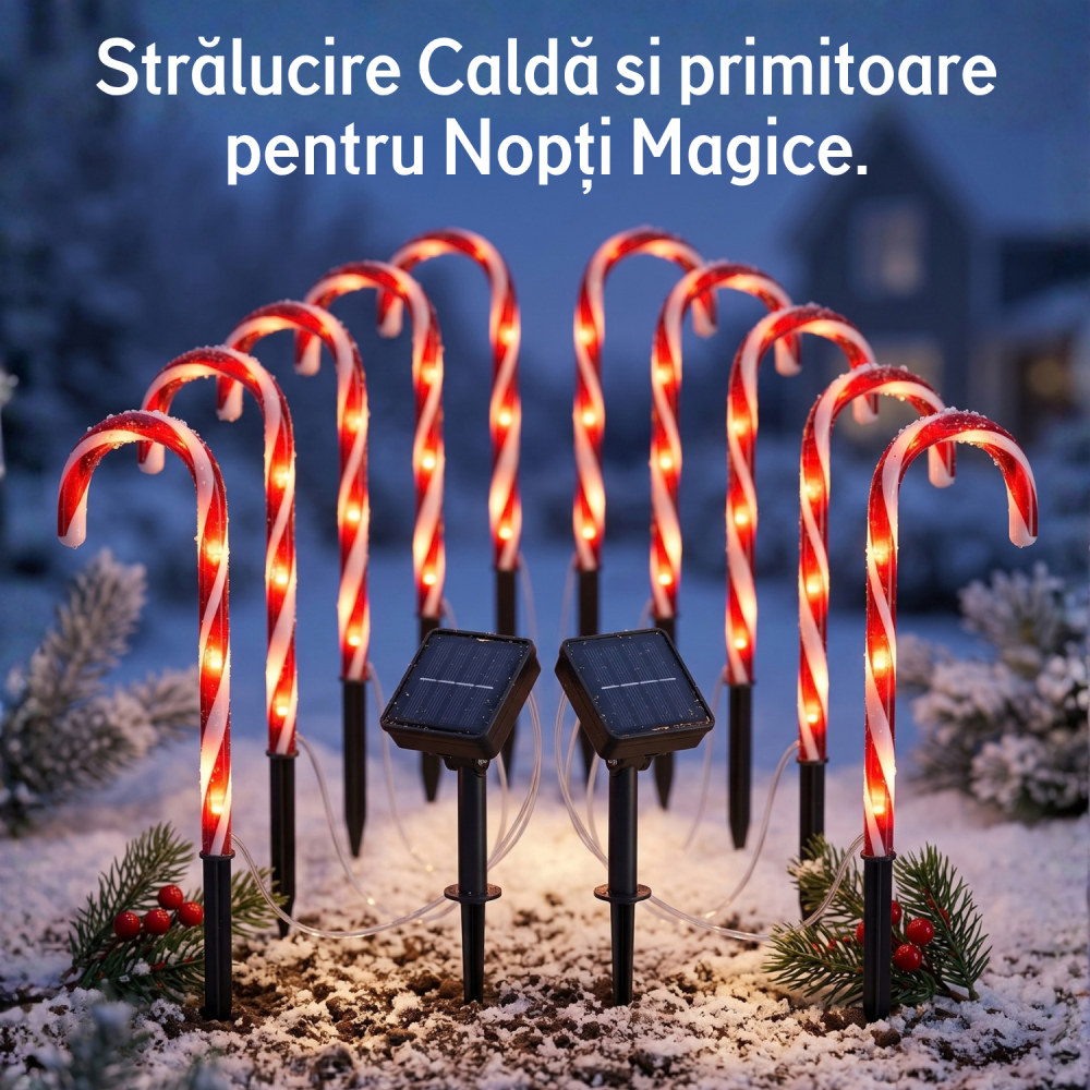 Set 10 lumini solare de Crăciun tip bastonaș acadea, decorațiuni luminoase exterior pentru alee, grădină și curte, LED lumină caldă, 2 moduri iluminare, panouri solare reglabile, 38 cm, roșu-alb [2]
