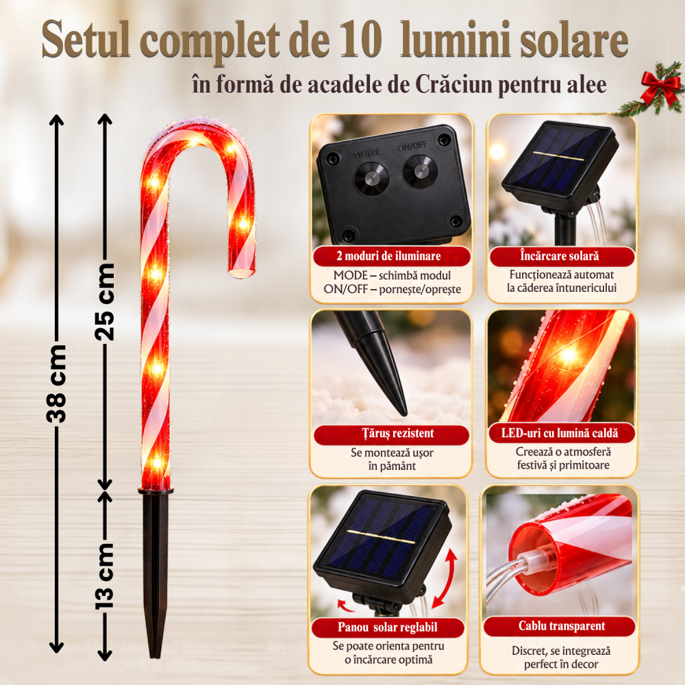Set 10 lumini solare de Crăciun tip bastonaș acadea, decorațiuni luminoase exterior pentru alee, grădină și curte, LED lumină caldă, 2 moduri iluminare, panouri solare reglabile, 38 cm, roșu-alb [4]