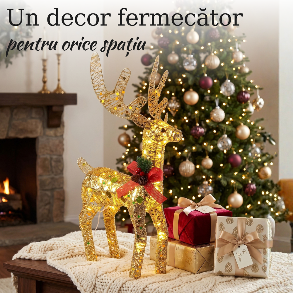 Ren luminos decorativ de Crăciun cu LED-uri lumină caldă, 40 x 32 x 9 cm, auriu cu sclipici, fundă și conuri decorative, decorațiune Crăciun pentru casă, ornament de iarnă, figurină luminoasă festivă [2]