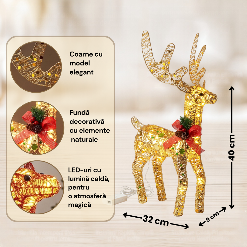 Ren luminos decorativ de Crăciun cu LED-uri lumină caldă, 40 x 32 x 9 cm, auriu cu sclipici, fundă și conuri decorative, decorațiune Crăciun pentru casă, ornament de iarnă, figurină luminoasă festivă [5]