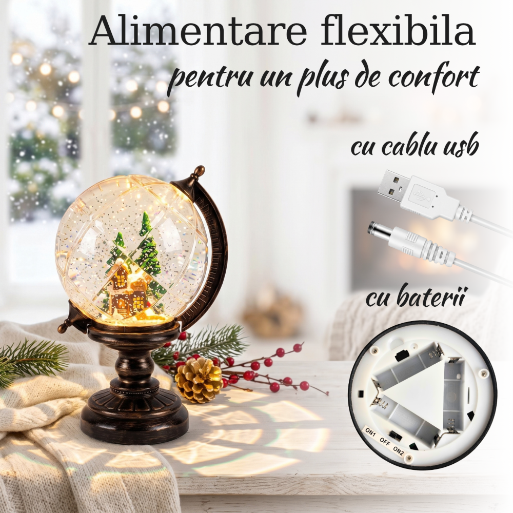 Glob decorativ luminos de Crăciun cu LED cald, ninsoare animată, căsuță și brazi, 25 cm [4]