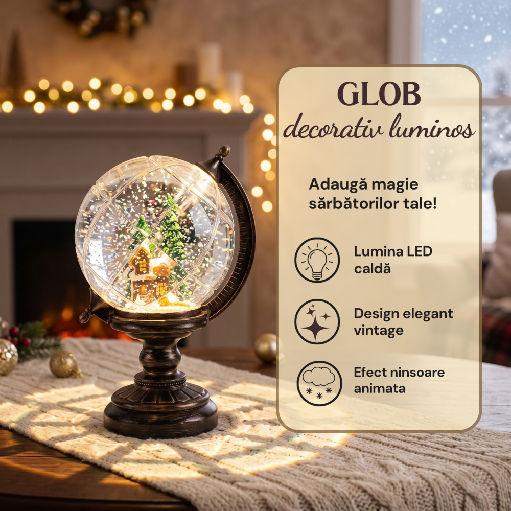 Glob decorativ luminos de Crăciun cu LED cald, ninsoare animată, căsuță și brazi, 25 cm [3]