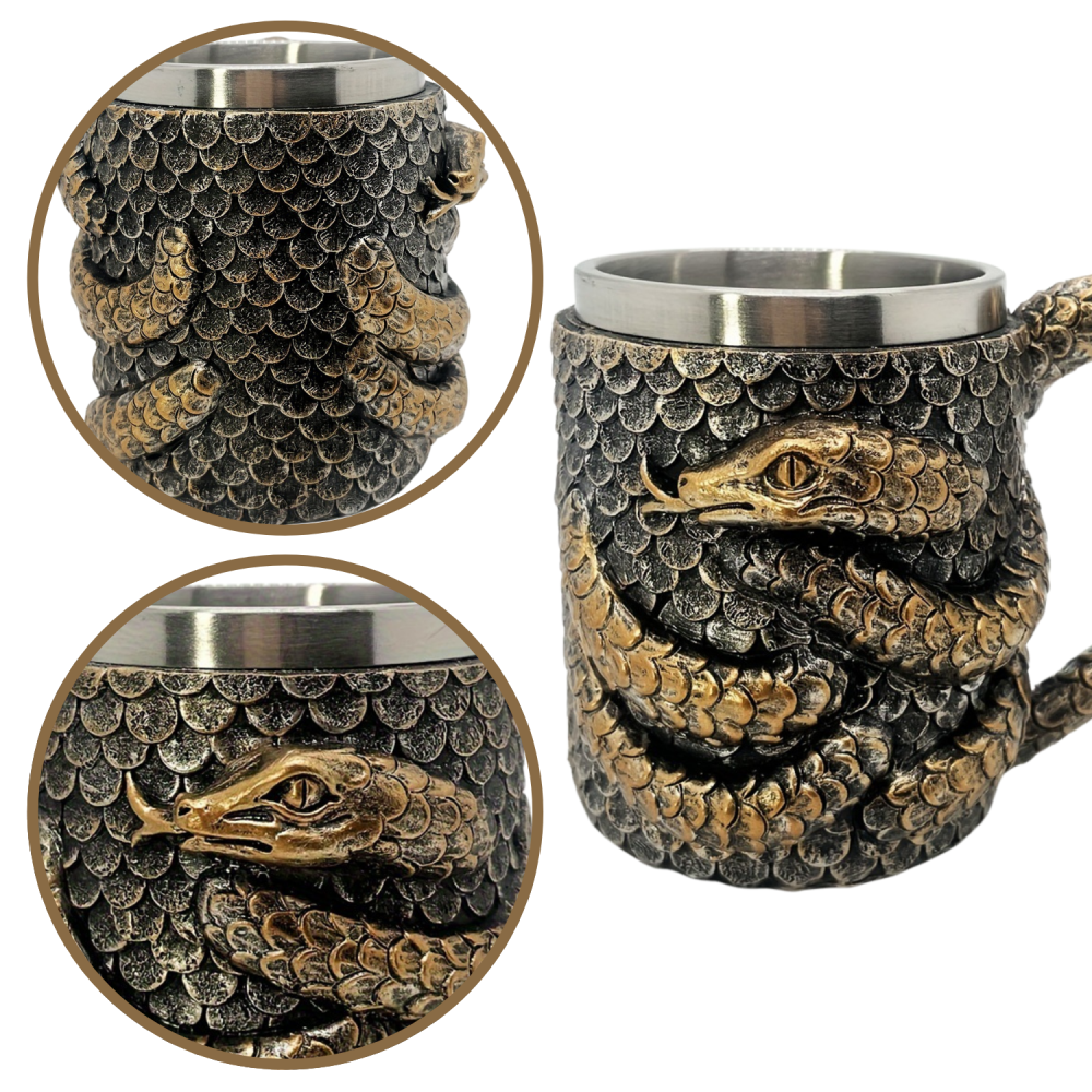 Halbă de bere cu Dragon-Șarpe, cană medievală Viking cu interior din oțel inoxidabil și exterior decorativ din rășină, mâner cu solzi, model 3D reliefat, bronz antichizat, cană fantasy, cadou [4]