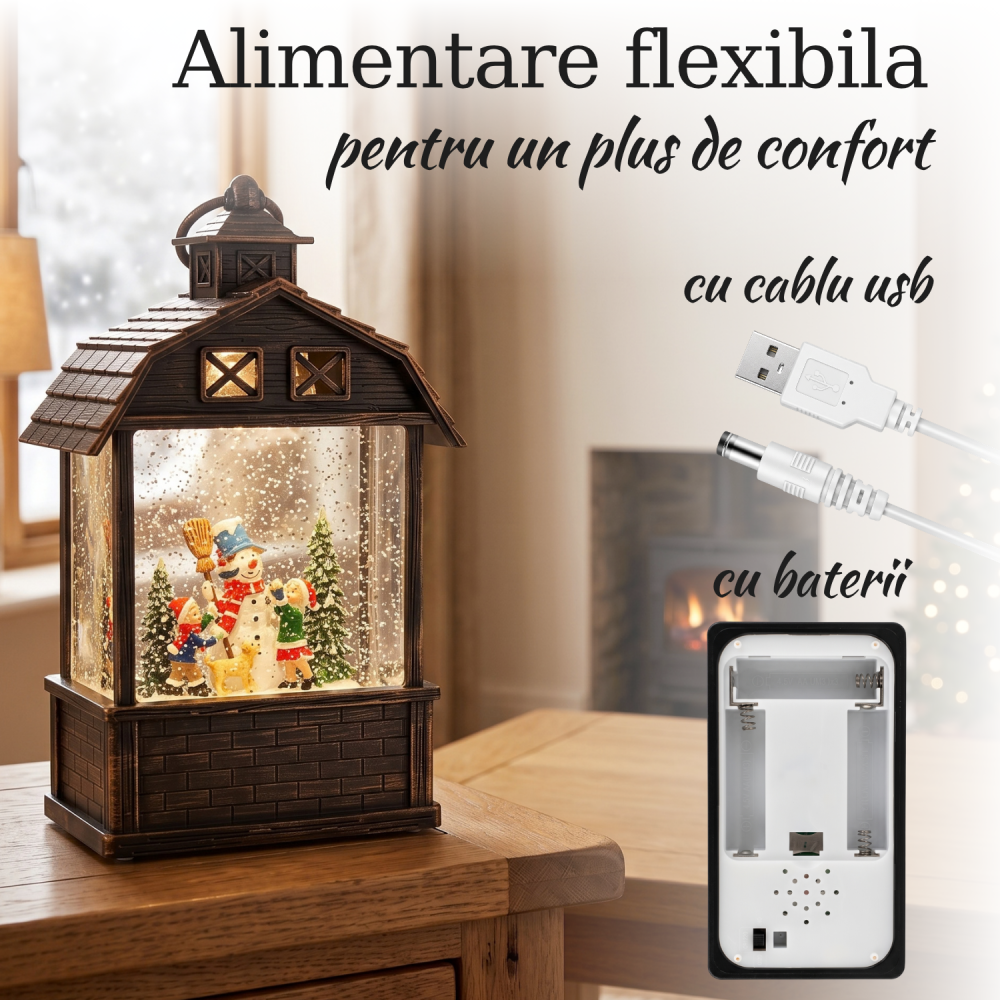 Felinar decorativ Crăciun tip căsuță cu om de zăpadă și copii, glob luminos cu ninsoare animată, lumină LED caldă și muzică, decor vintage bronz, alimentare USB sau baterii, 24,5 x 13 cm [4]