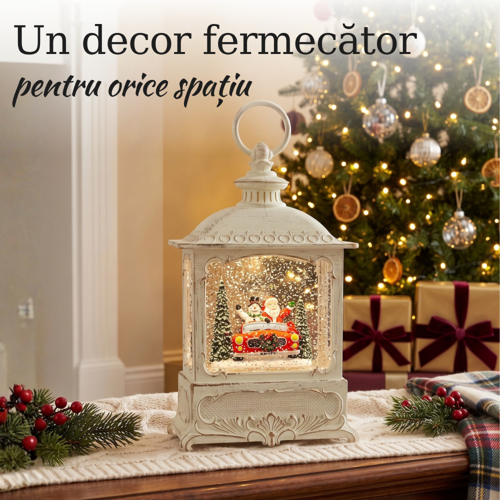 Felinar decorativ Crăciun cu Moș Crăciun, ninsoare animată, lumină LED și muzică [2]