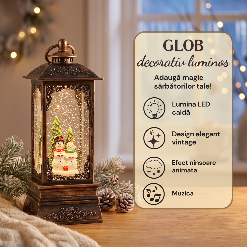 Felinar decorativ Crăciun cu doi oameni de zăpadă, ninsoare animată, lumină LED și muzică [3]