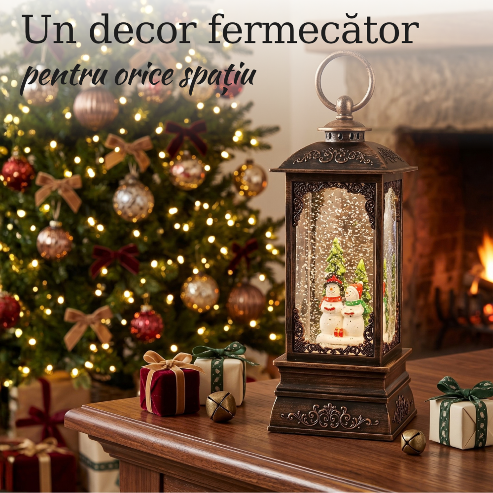 Felinar decorativ Crăciun cu doi oameni de zăpadă, ninsoare animată, lumină LED și muzică [2]