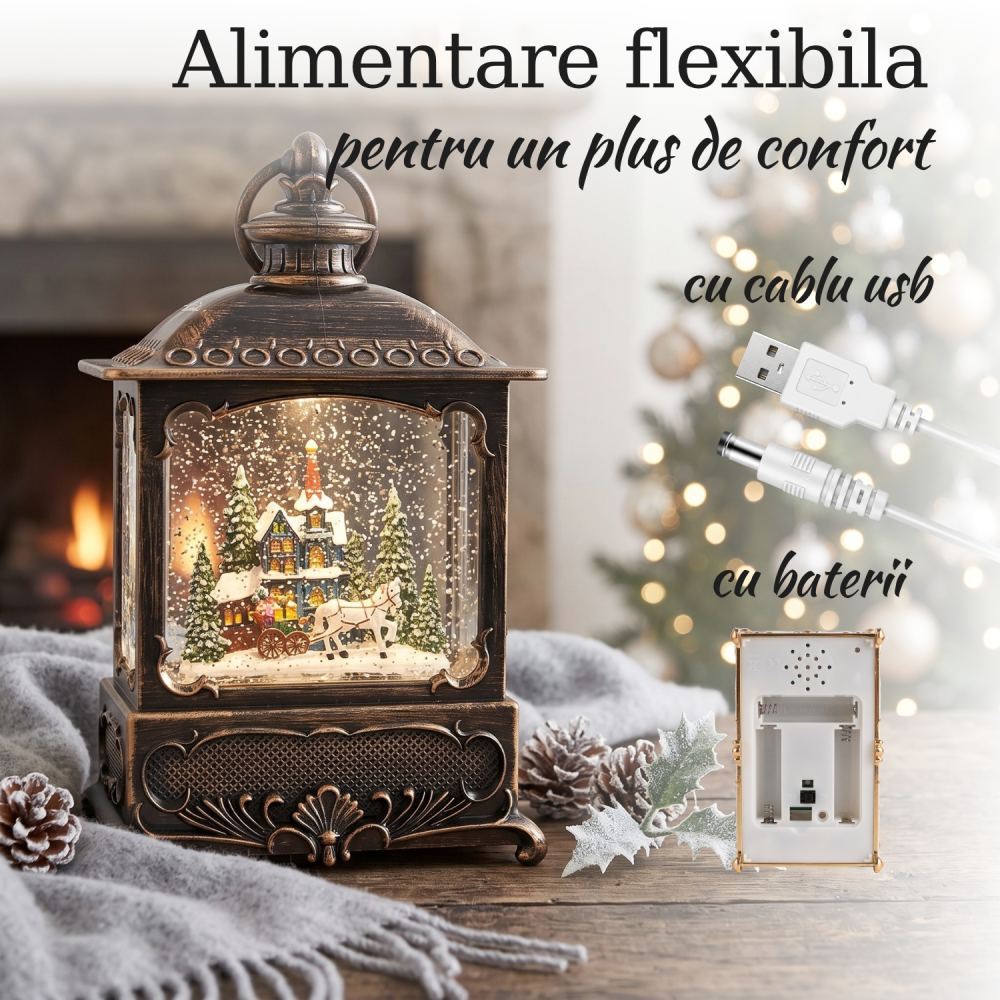 Felinar decorativ Crăciun cu trăsură și peisaj de iarnă, ninsoare animată, LED și muzică [4]