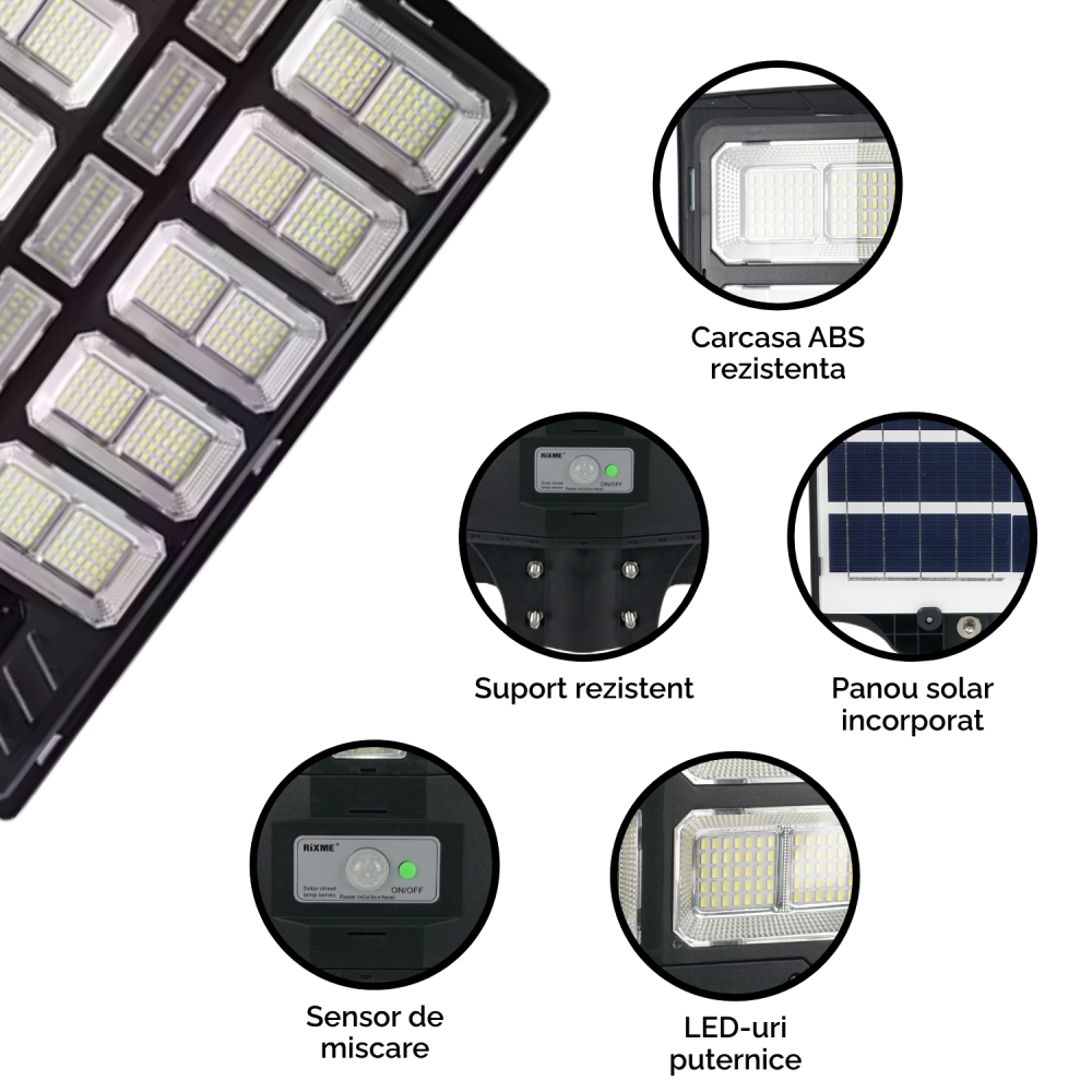 Lampă Solară Stradală LED 1000W Rixme 15 Zone, Senzor Mișcare, Telecomandă, IP67, Lampa solara exterior, Negru [5]