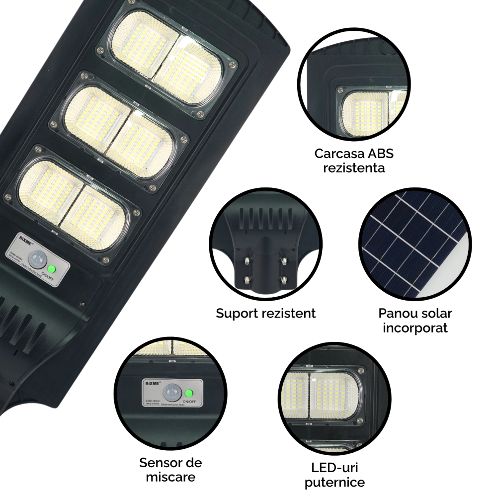 Lampă solara stradală LED solară Rixme 120W, 6 zone LED, telecomandă, timer 3/5/8h, Lampa solara exterior, IP67, Negru [10]