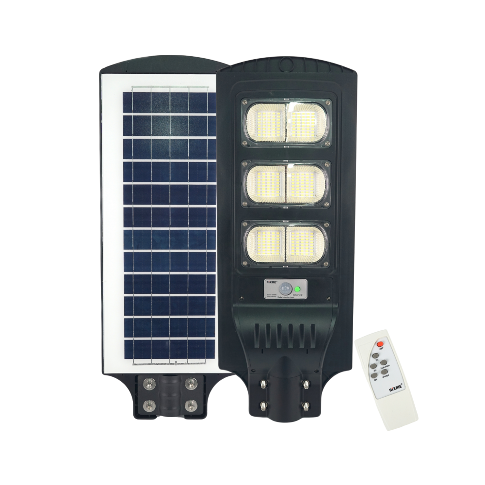 Lampă solara stradală LED solară Rixme 120W, 6 zone LED, telecomandă, timer 3/5/8h, Lampa solara exterior, IP67, Negru [1]