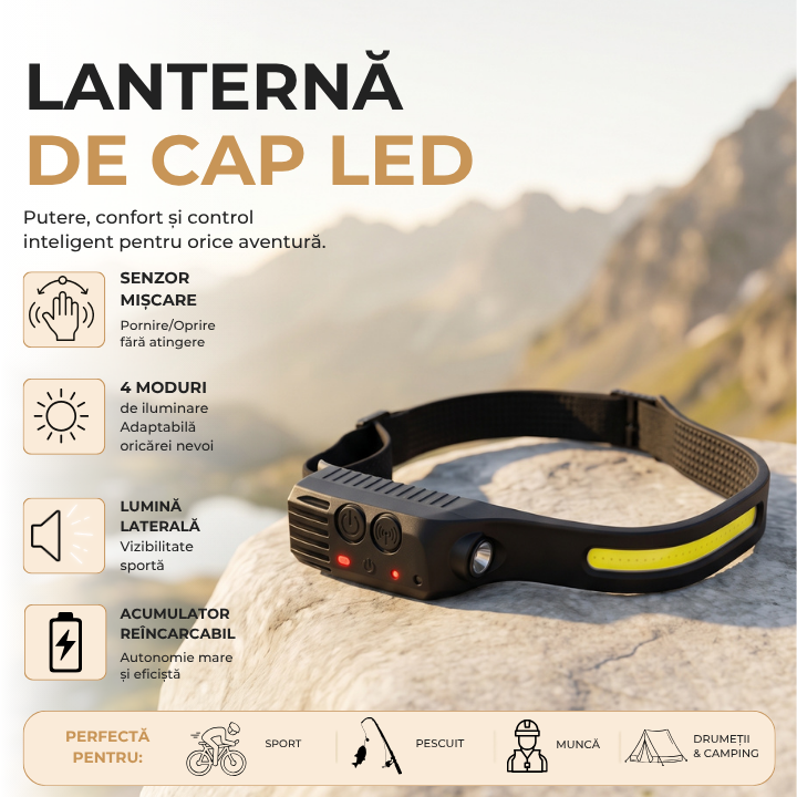 Lanternă frontală LED reîncărcabilă cu senzor de mișcare, bandă luminoasă cu unghi larg, 5 moduri de iluminare, lumină laterală, bandă elastică reglabilă, USB, alergare, camping, pescuit, lucru [2]