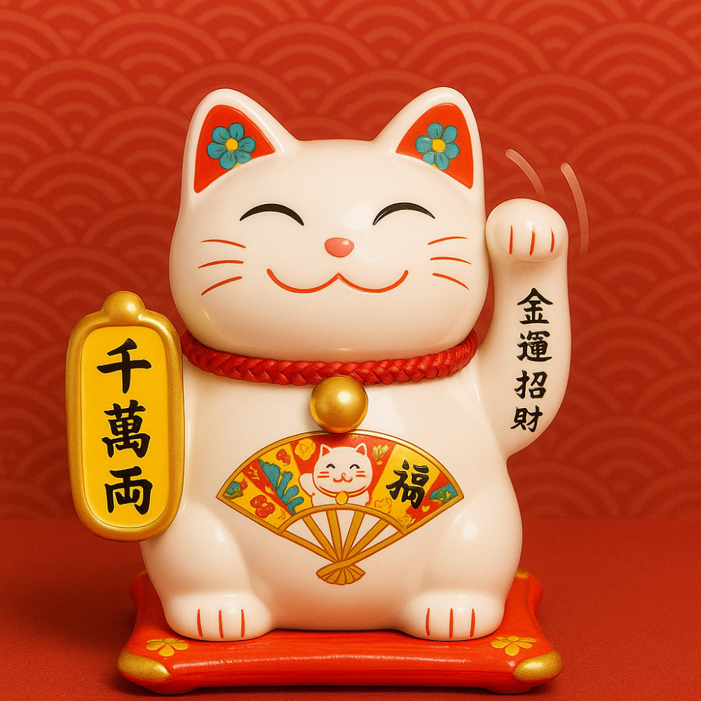 Pisoi Norocos Maneki Neko Solar Alb, Figurină Decorativă cu Evantai pe Suport Roșu și Elemente Aurii [6]