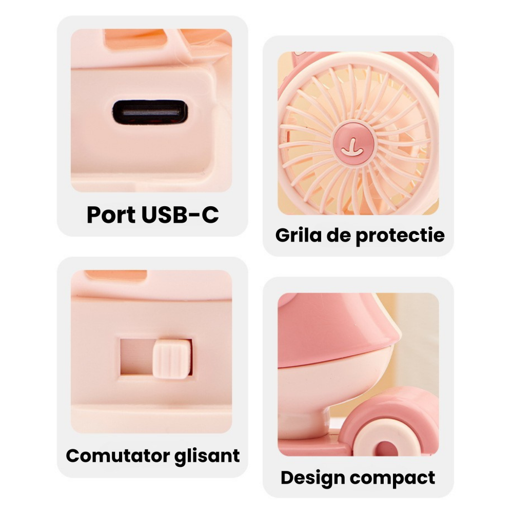 Mini ventilator de birou pisicuta cu ascutiotoare, Incarcare USB-C, Autonomie mare, 2 trepte de viteza, Lumina de veghe Maro [4]