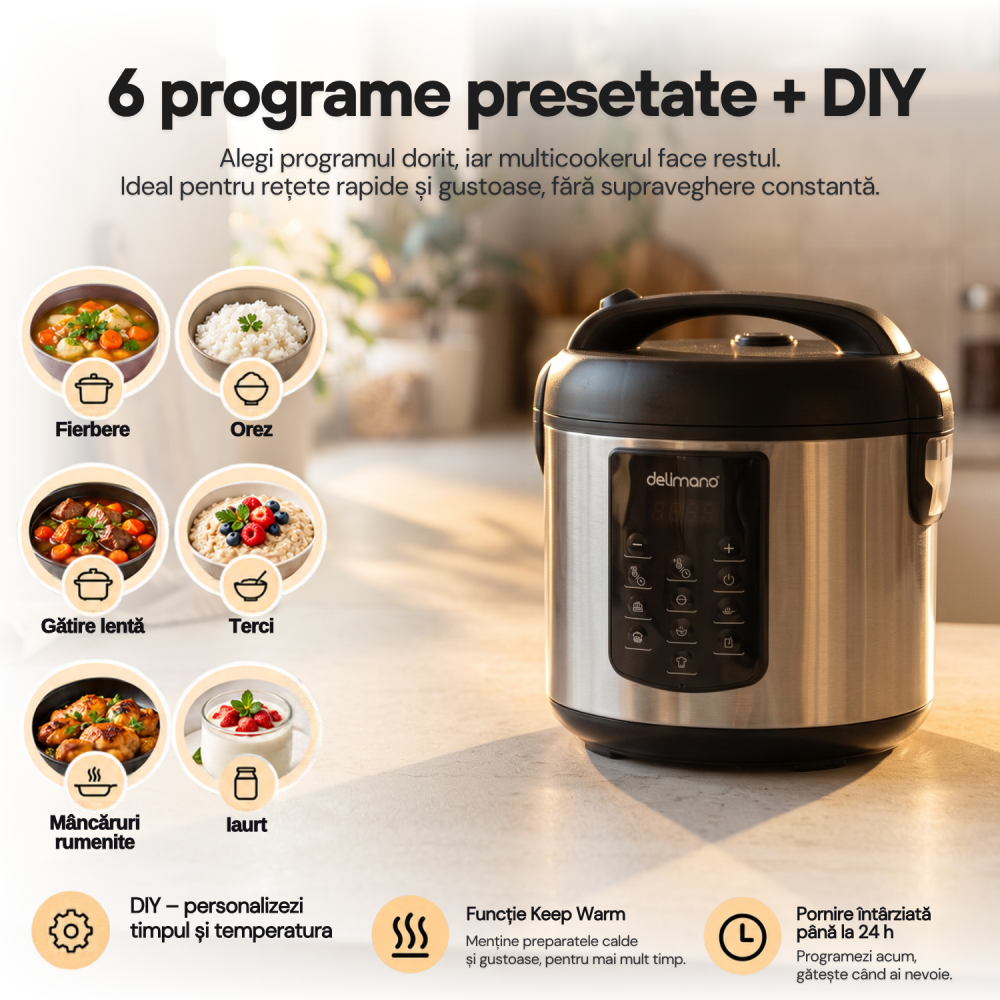 Oala electrica Delimano Optimo, 5 litri, temporizator de 24 ore, afisaj LED, 6 programe presetate, functie de pornire intarziata, functie de mentinere a temperaturii, vas cu invelis antiaderent, 1023 [5]