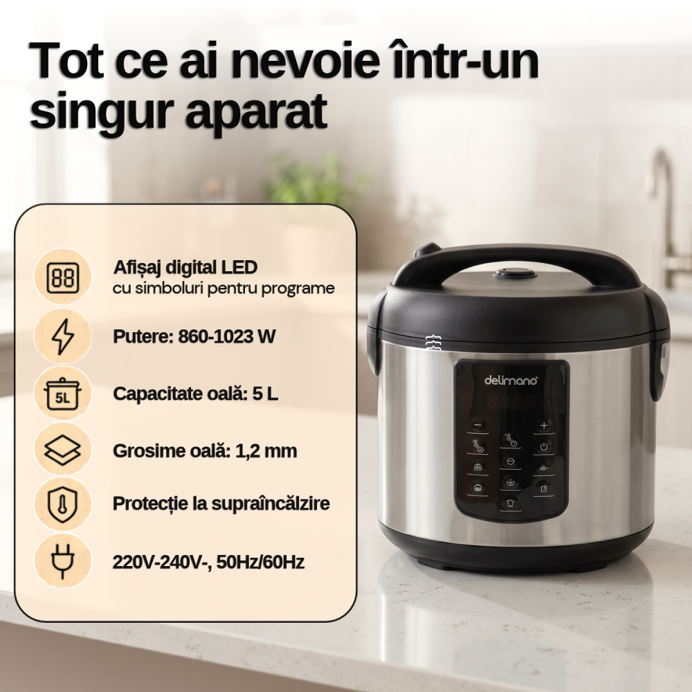 Oala electrica Delimano Optimo, 5 litri, temporizator de 24 ore, afisaj LED, 6 programe presetate, functie de pornire intarziata, functie de mentinere a temperaturii, vas cu invelis antiaderent, 1023 [4]