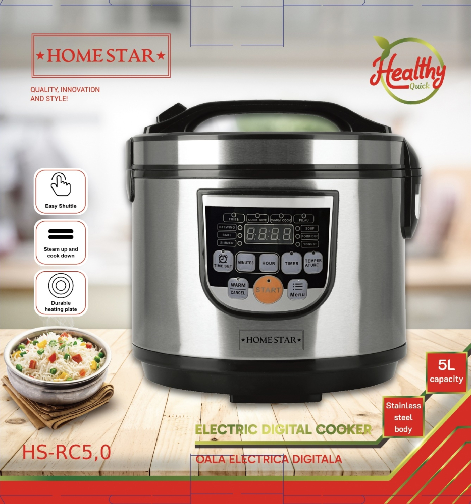 Oală electrică digitală Homestar HS-RC5.0, capacitate 5 litri, panou digital, carcasă din inox, multicooker [2]