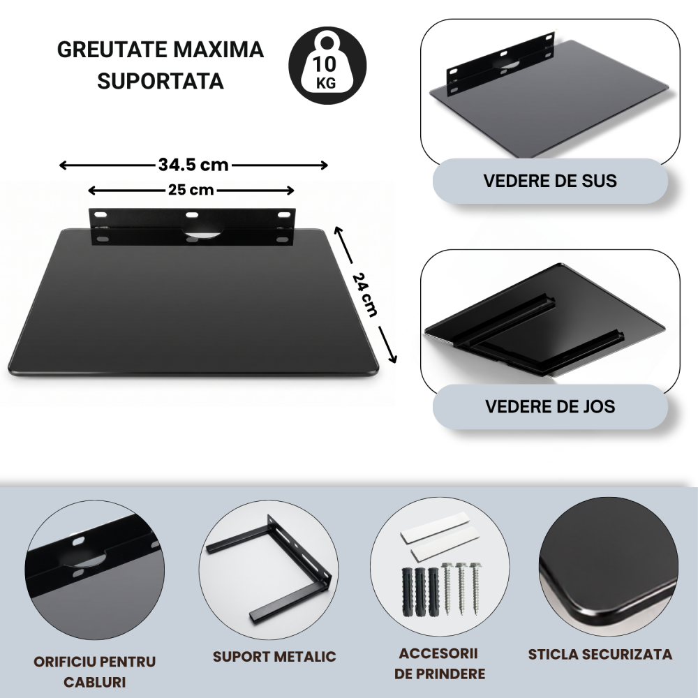 Raft de sticlă securizată pentru perete, suport TV pentru router, decodor, consolă și accesorii, 34,5 x 24 cm, max. 10 kg, suport metalic, montaj cu șuruburi, negru, pentru organizarea gadgeturilor [4]