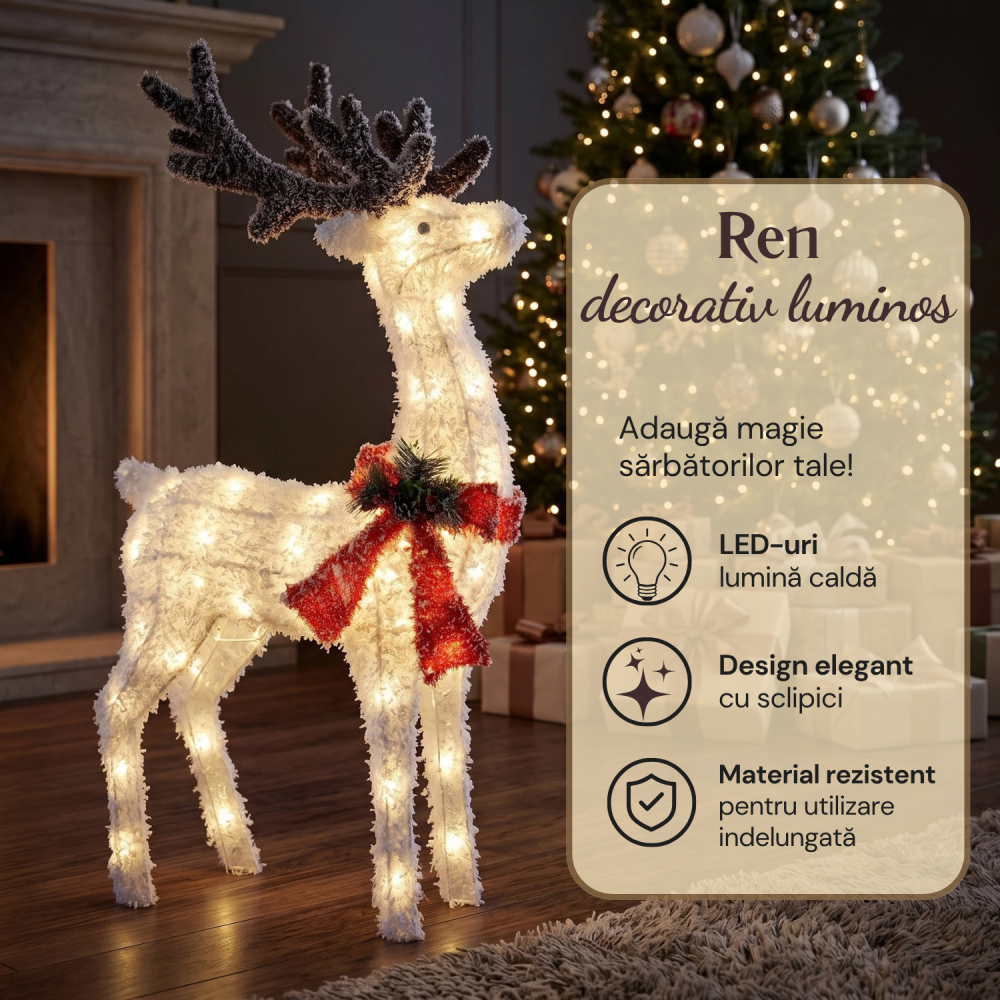 Ren luminos decorativ de Crăciun cu LED-uri lumină caldă, 120 x 60 cm, alb cu efect de zăpadă, coarne maro, fular roșu și conuri decorative, figurină ren Crăciun, ornament luminos festiv de iarnă [5]