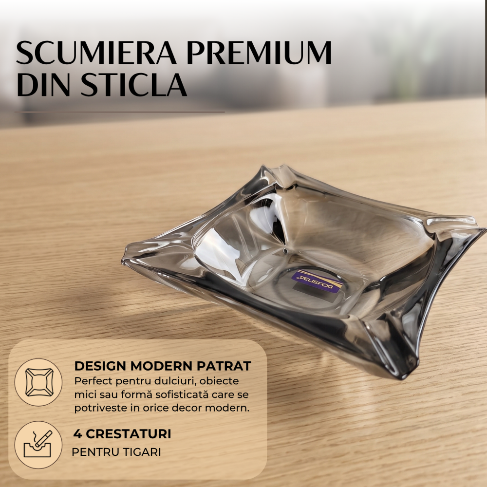 Scrumieră din sticlă fumurie Delisoga, scrumieră pătrată gri, transparentă, pentru terasă, balcon, birou, bar, cafenea și grădină, scrumieră din sticlă pentru interior și exterior, HoReCa [3]