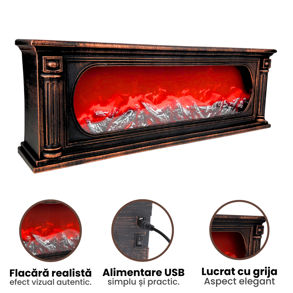 Șemineu decorativ LED vintage cu efect de flacără, 62 cm, negru cupru [5]