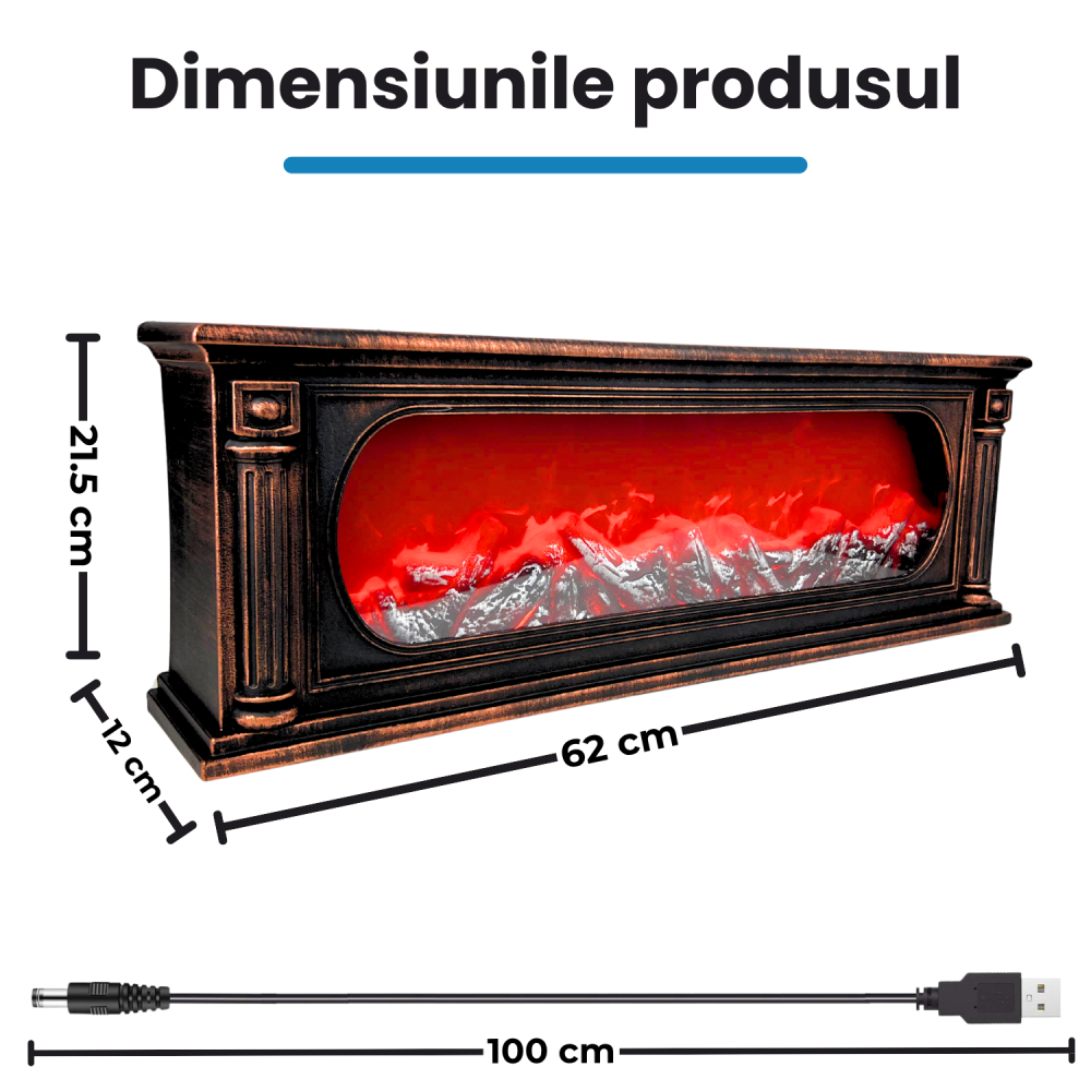 Șemineu decorativ LED vintage cu efect de flacără, 62 cm, negru cupru [4]