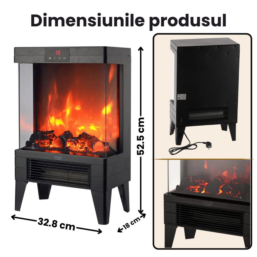 Șemineu electric Adler AD 7755 LED 2000W cu flacără 3D, termostat și telecomandă, negru [6]