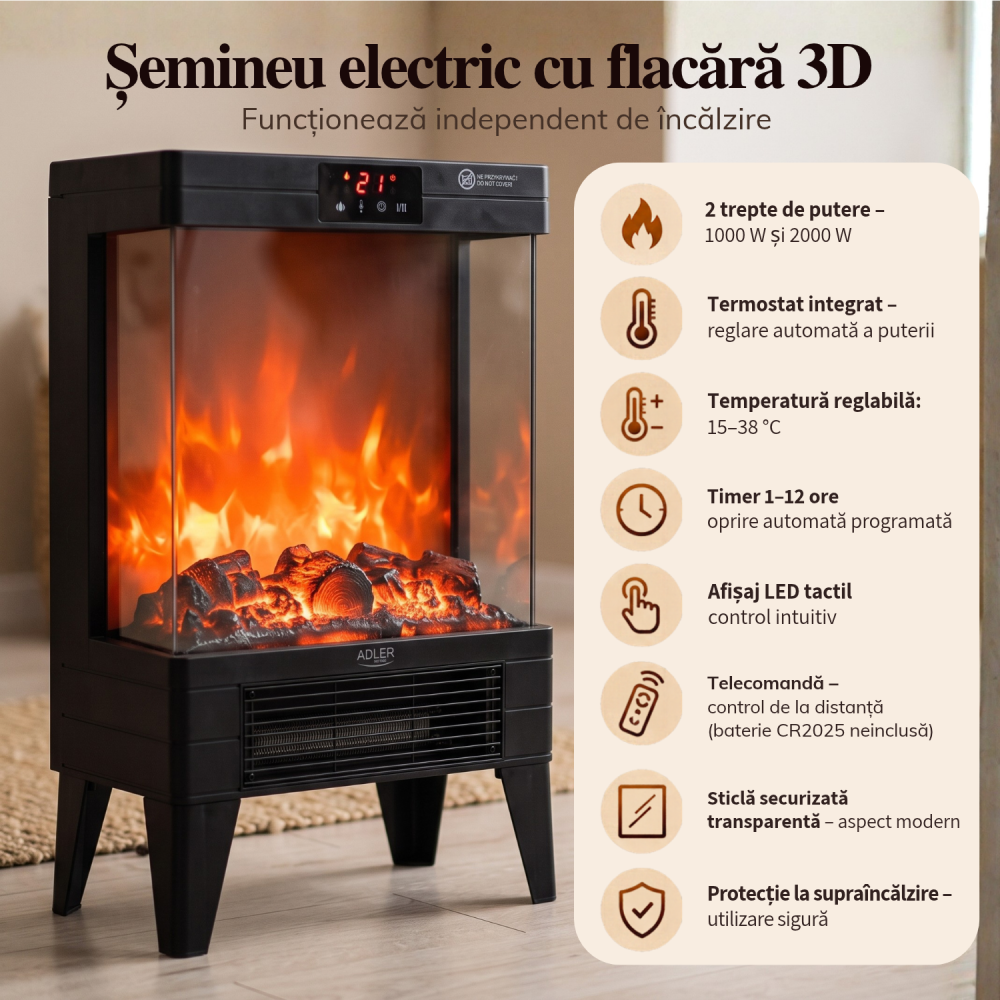 Șemineu electric Adler AD 7755 LED 2000W cu flacără 3D, termostat și telecomandă, negru [5]