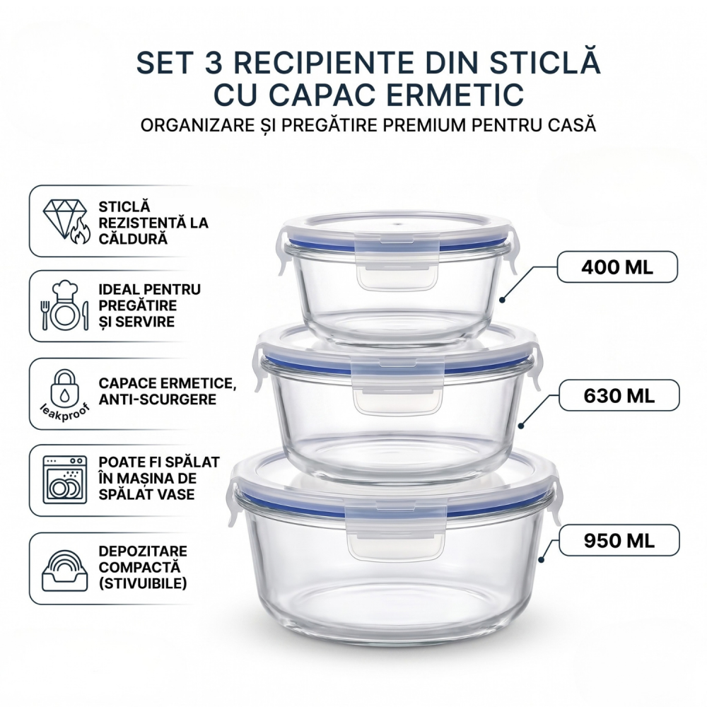 Set 3 caserole rotunde din sticlă cu capac 400 ml, 630 ml și 950 ml, Delisoga GreenApple, recipiente pentru depozitare alimente, mâncare la pachet și meal prep, capace cu cleme, frigider [4]