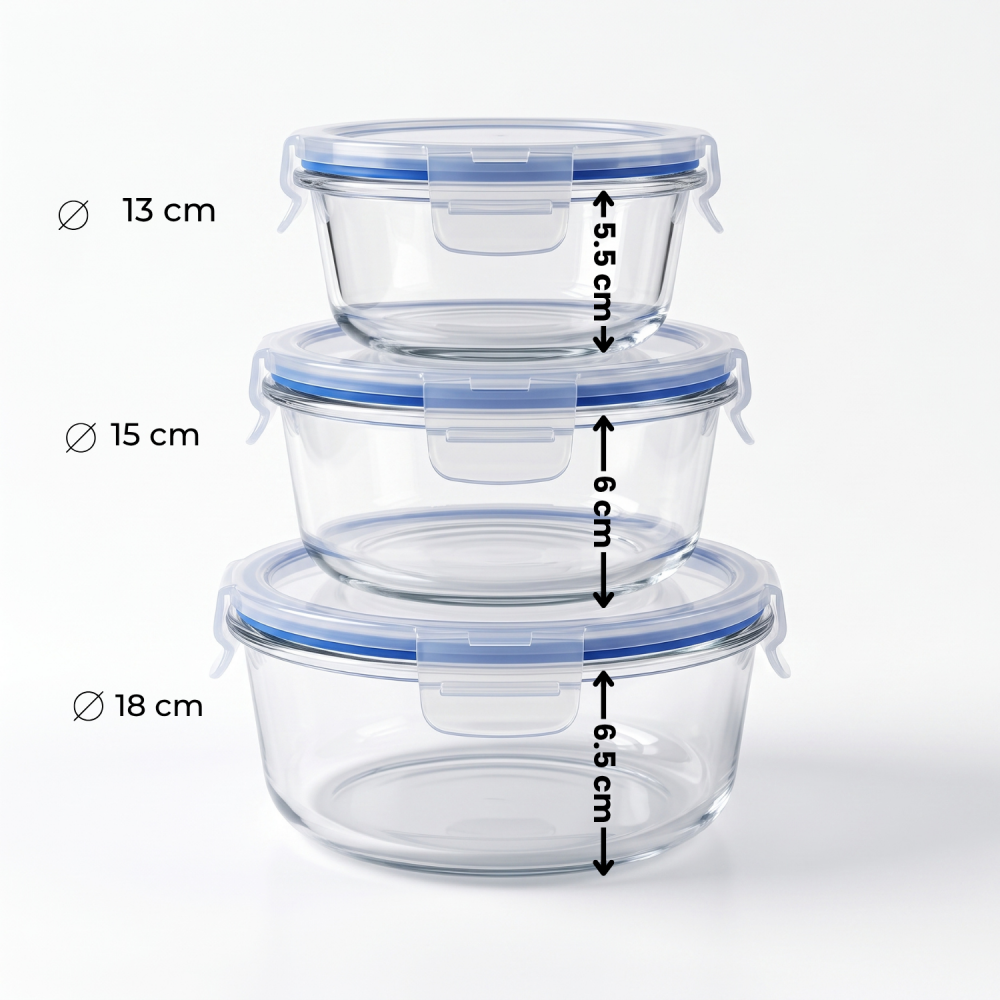 Set 3 caserole rotunde din sticlă cu capac 400 ml, 630 ml și 950 ml, Delisoga GreenApple, recipiente pentru depozitare alimente, mâncare la pachet și meal prep, capace cu cleme, frigider [5]