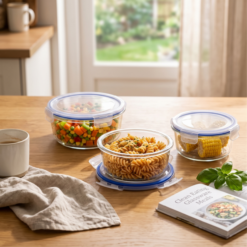 Set 3 caserole rotunde din sticlă cu capac 400 ml, 630 ml și 950 ml, Delisoga GreenApple, recipiente pentru depozitare alimente, mâncare la pachet și meal prep, capace cu cleme, frigider [2]