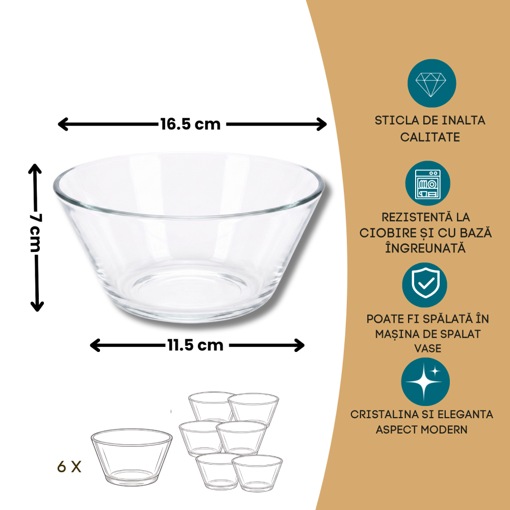 Set 6 boluri din sticlă 168 mm Delisoga, boluri transparente model clasic pentru salate, cereale, iaurt, fructe, deserturi și gustări, castroane din sticlă pentru servire, porții individuale [4]