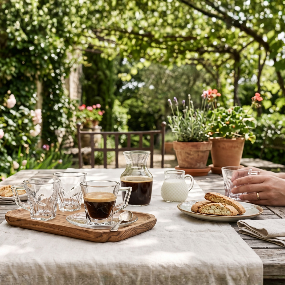 Set 6 căni din sticlă 155 ml Delisoga, căni mici transparente cu mâner și bază fațetată în relief, pentru cafea, ceai, espresso lung, lapte și desert, set căni sticlă pentru casă, 6 bucăți [3]