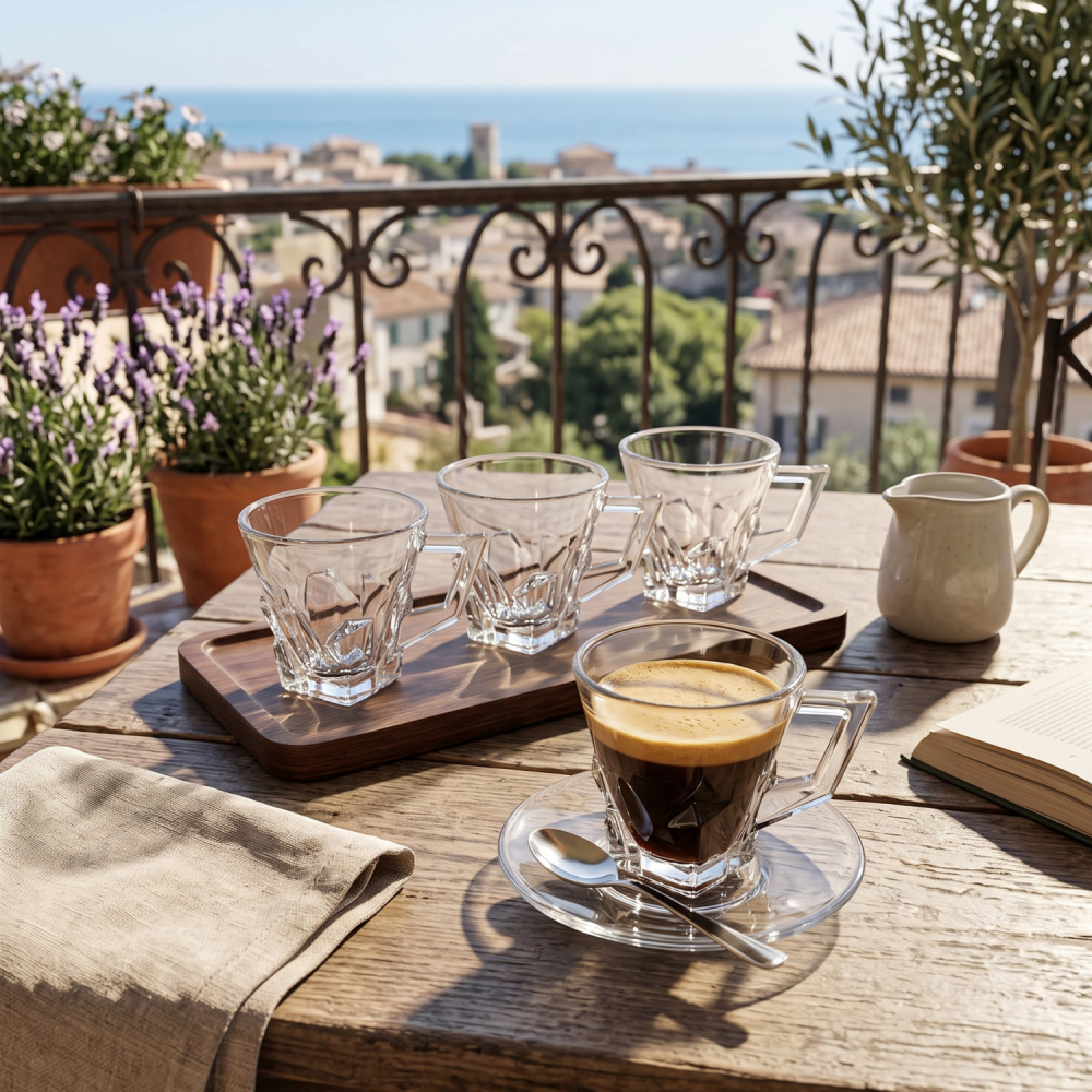Set 6 căni din sticlă 155 ml Delisoga, căni mici transparente cu mâner și bază fațetată în relief, pentru cafea, ceai, espresso lung, lapte și desert, set căni sticlă pentru casă, 6 bucăți [2]