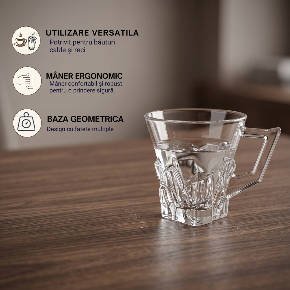 Set 6 căni din sticlă 155 ml Delisoga, căni mici transparente cu mâner și bază fațetată în relief, pentru cafea, ceai, espresso lung, lapte și desert, set căni sticlă pentru casă, 6 bucăți [4]