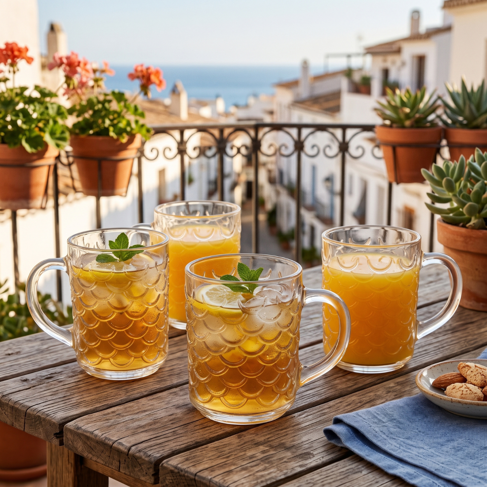 Set 6 căni din sticlă 240 ml Delisoga, căni transparente cu mâner și model texturat în relief, pentru ceai, cafea, lapte, cappuccino și băuturi reci, set căni sticlă pentru casă, 6 bucăți [3]