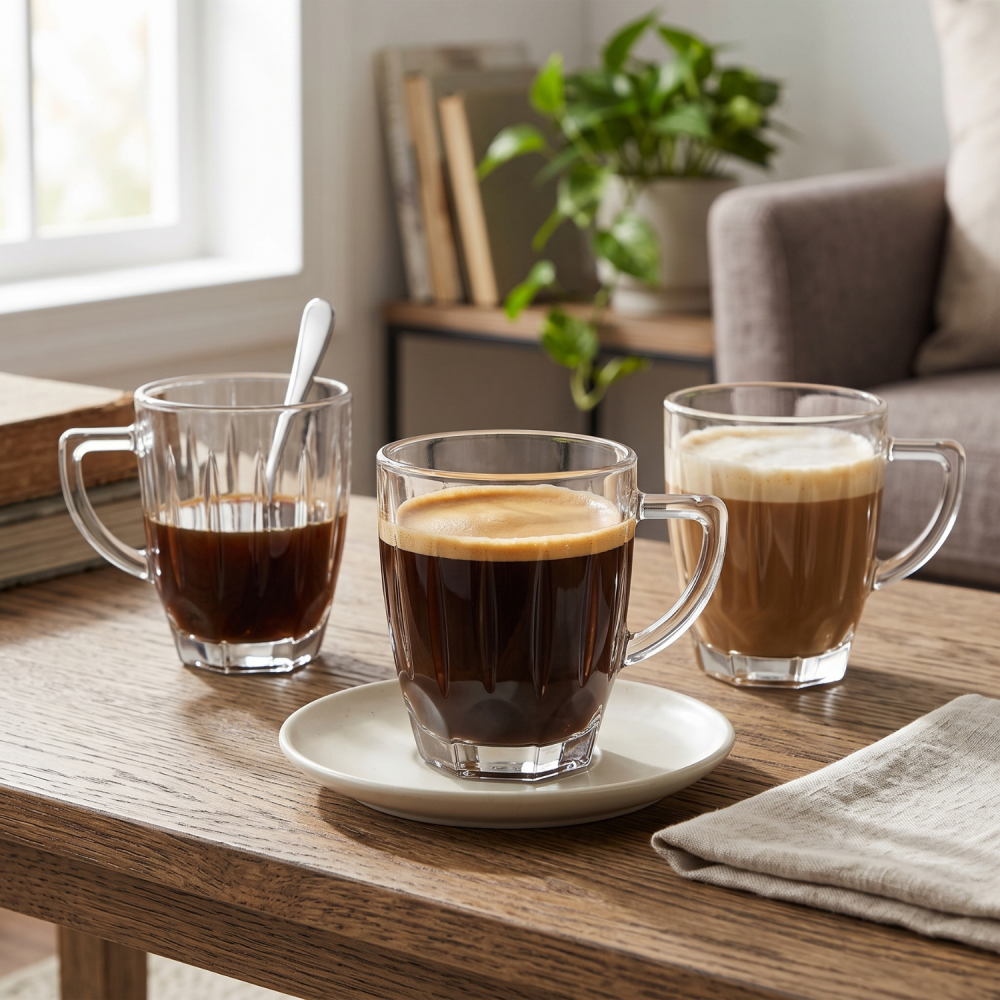 Set 6 căni din sticlă 250 ml Delisoga, căni transparente cu mâner și model striat în relief, pentru cafea, ceai, lapte, latte, cappuccino și ciocolată caldă, set căni sticlă pentru casă, 6 bucăți [3]