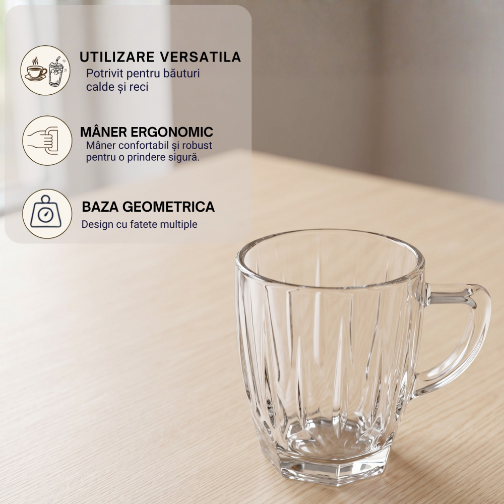 Set 6 căni din sticlă 250 ml Delisoga, căni transparente cu mâner și model striat în relief, pentru cafea, ceai, lapte, latte, cappuccino și ciocolată caldă, set căni sticlă pentru casă, 6 bucăți [4]