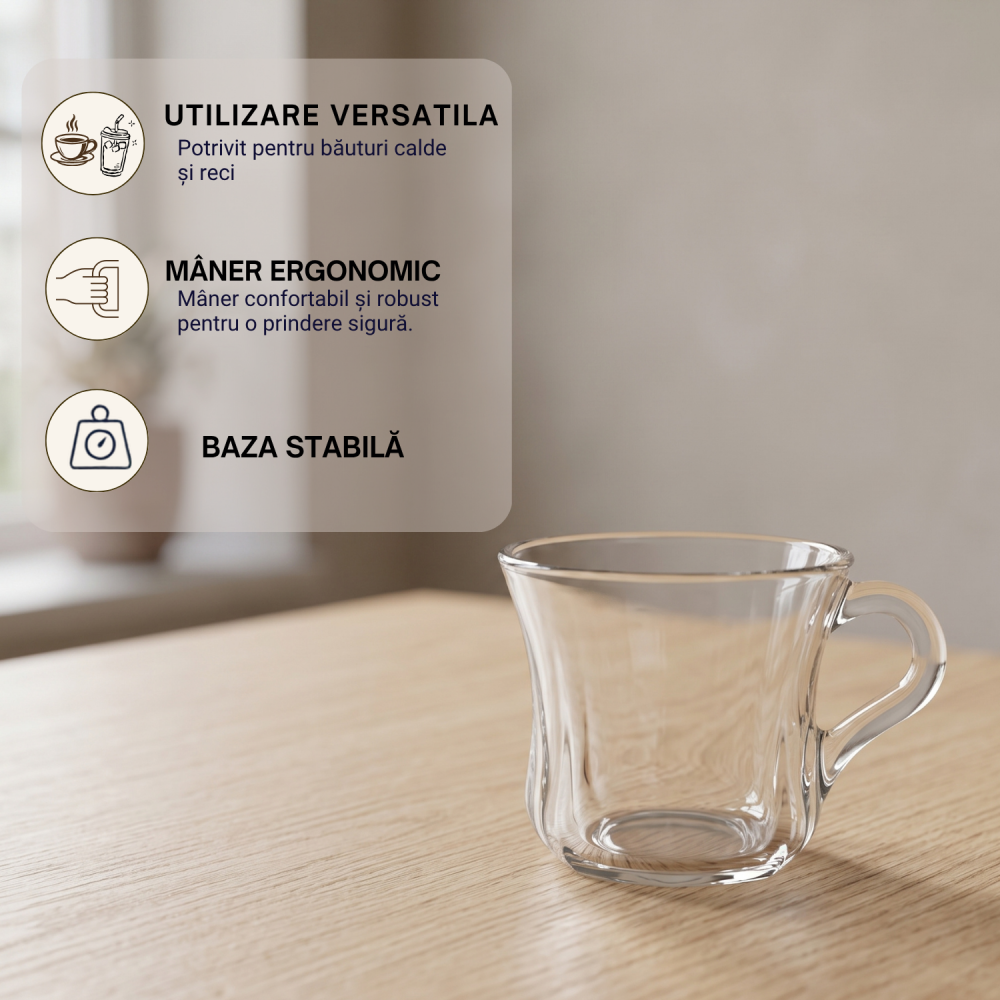 Set 6 căni din sticlă Delisoga, căni transparente cu mâner și formă rotunjită, pentru ceai, cafea, lapte, cappuccino și ciocolată caldă, set căni din sticlă pentru casă și birou, 6 bucăți [4]