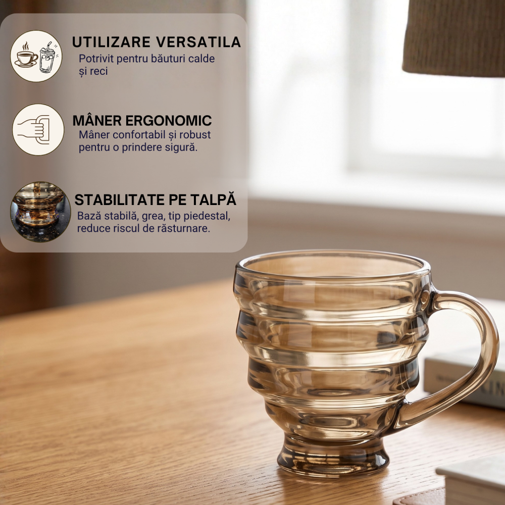 Set 6 căni din sticlă ambrată Delisoga, căni cu mâner și relief orizontal, culoare chihlimbar, pentru ceai, cafea, lapte și ciocolată caldă, set căni sticlă colorată, aspect retro, 6 bucăți [4]