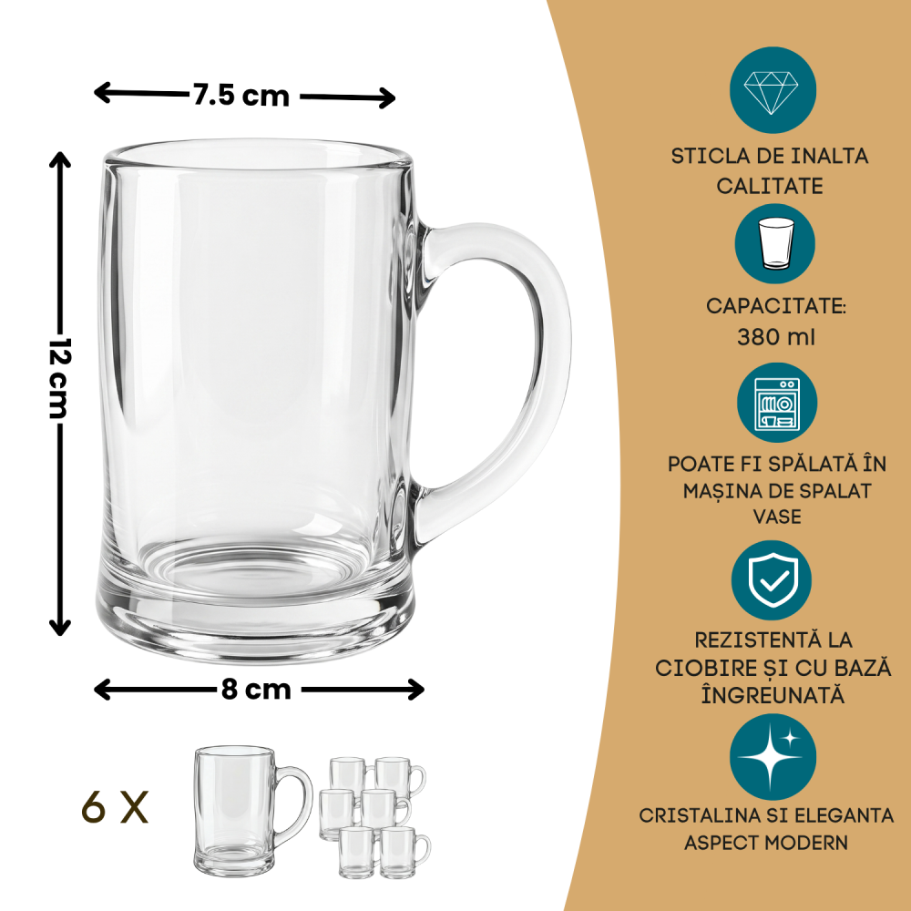 Set 6 căni din sticlă cu mâner Delisoga, căni tip halbă transparente, formă cilindrică, pentru bere, suc, apă, limonadă și ceai rece, căni din sticlă pentru masă, bar și terasă, 6 bucăți [5]