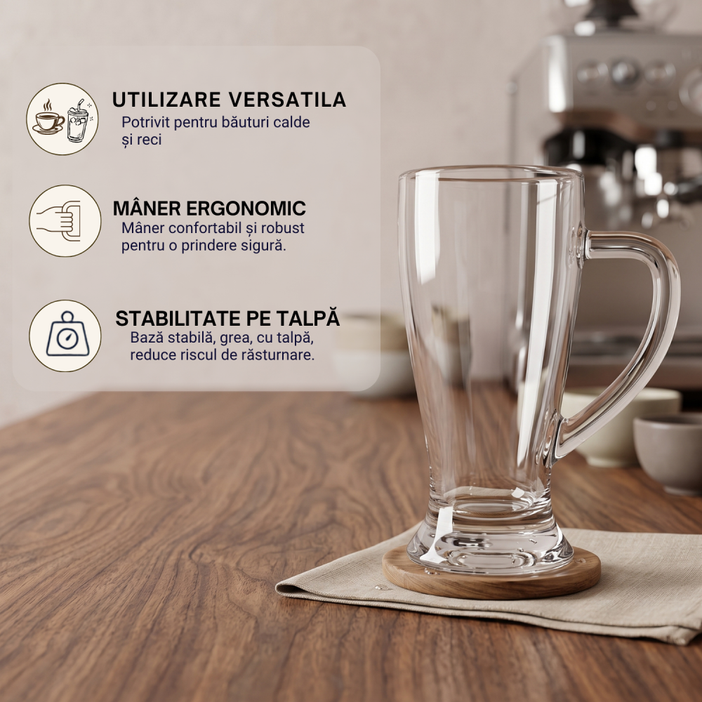 Set 6 căni înalte din sticlă Delisoga, căni transparente cu mâner pentru bere, suc, limonadă, cafea cu gheață, latte și ceai rece, set căni sticlă pentru masă, bar și terasă, 6 bucăți [4]