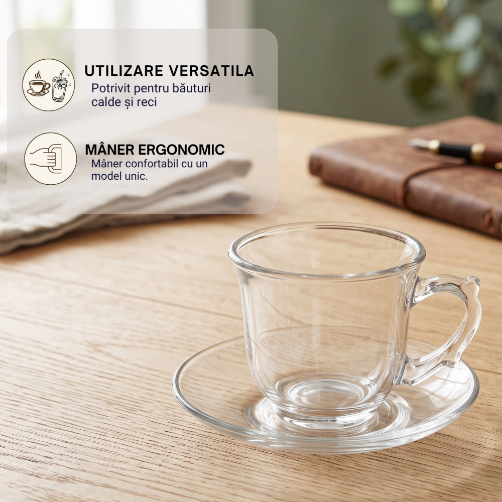 Set 6 cești cu farfurioare din sticlă 240 ml Delisoga, cești transparente cu mâner pentru cafea, cappuccino, latte, ceai și ciocolată caldă, set servire cafea din sticlă pentru musafiri, 12 piese [4]