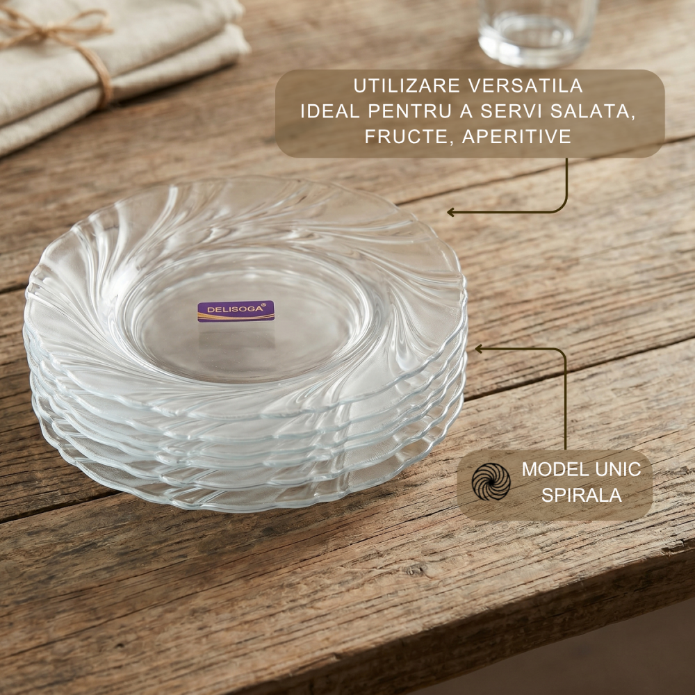 Set 6 farfurii din sticlă Delisoga, farfurii transparente cu margine ondulată în relief, pentru desert, prăjituri, tort, fructe și aperitive, farfurii de servire pentru masa festivă, 6 bucăți [4]