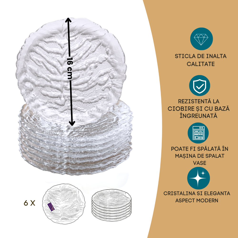 Set 6 farfurii din sticlă Delisoga, farfurii transparente cu model în relief, pentru desert, prăjituri, tort, fructe și aperitive, farfurii de servire din sticlă pentru masă și musafiri, 6 bucăți [4]