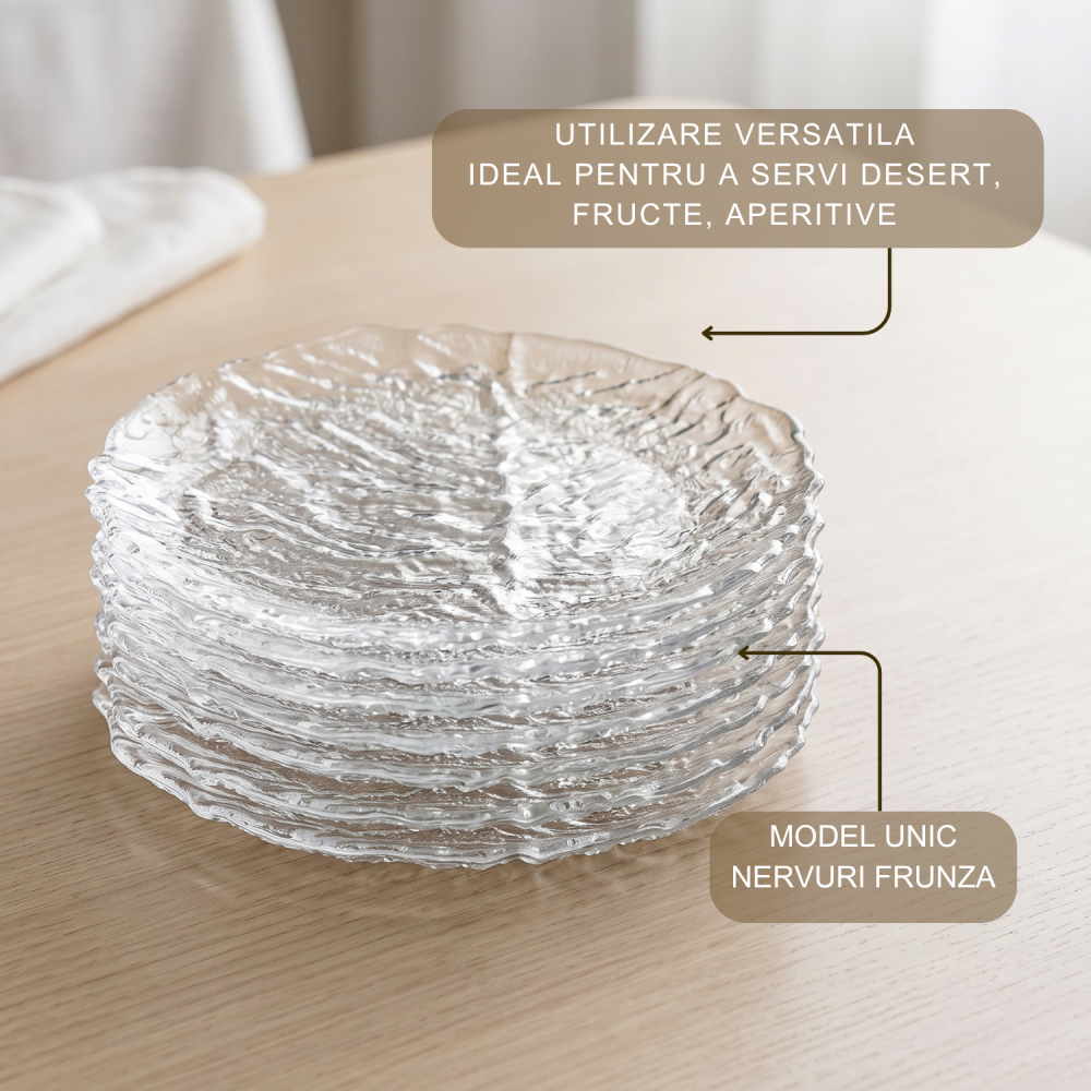 Set 6 farfurii din sticlă Delisoga, farfurii transparente cu model în relief, pentru desert, prăjituri, tort, fructe și aperitive, farfurii de servire din sticlă pentru masă și musafiri, 6 bucăți [3]