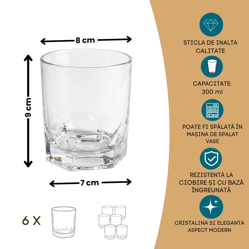 Set 6 pahare whisky din sticlă 300 ml Delisoga, pahare tumbler transparente cu bază fațetată, pentru whisky, coniac, rom, cocktailuri, apă și suc, pahare joase pentru bar acasă, 6 bucăți [5]