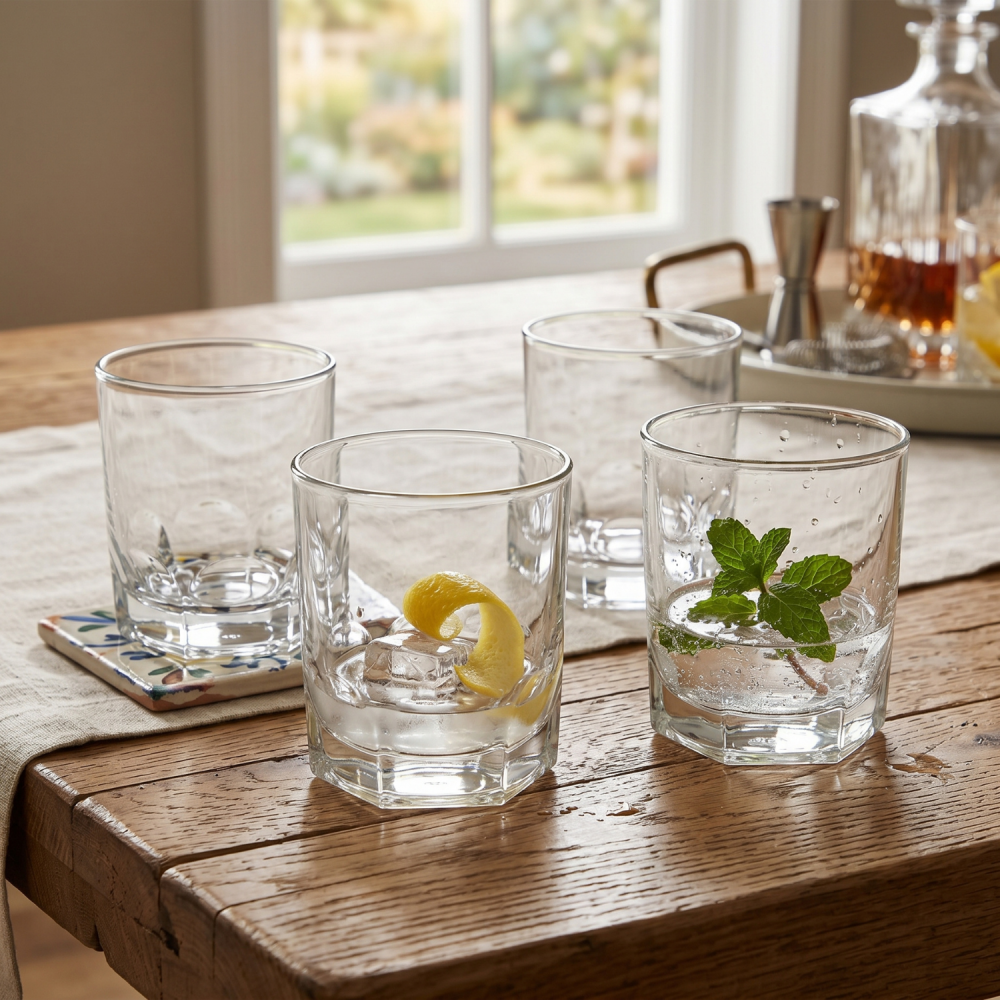 Set 6 pahare whisky din sticlă 300 ml Delisoga, pahare tumbler transparente cu bază fațetată, pentru whisky, coniac, rom, cocktailuri, apă și suc, pahare joase pentru bar acasă, 6 bucăți [3]